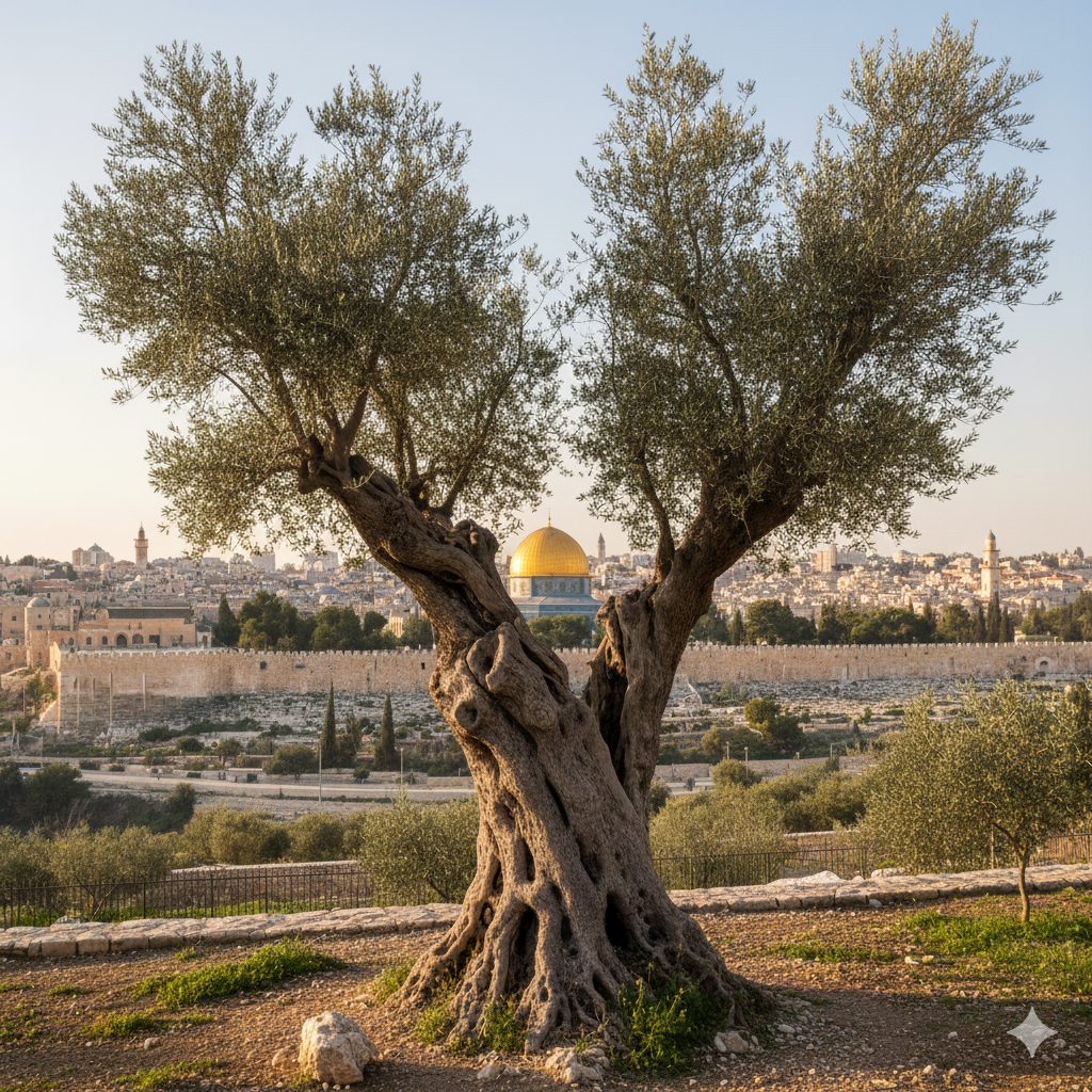 Oliveira milenar antiga com tronco retorcido - símbolo de Israel